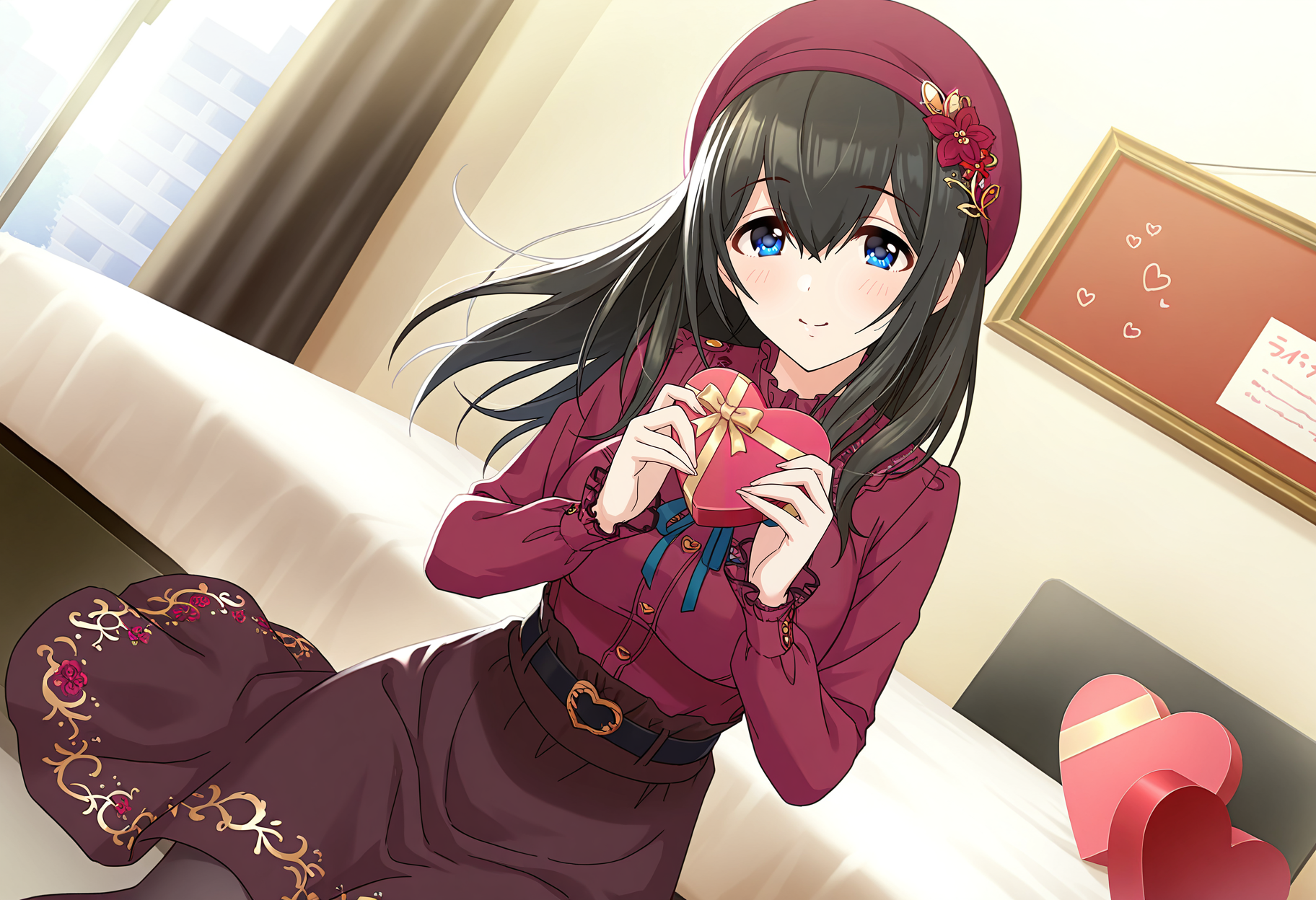 masterpiece, best quality, absurdres, highres,
idolmaster cinderella girls starlight stage, official art,
valentine,
sagisawa fumika, blue eyes, black hair, long hair, large breasts,
1girl, solo, blush, smile,
<lora:erisu barenntainn IL v1:0.6>,
red beret, hat ornament,
neck ribbon,
red collared shirt, long sleeves,
black belt,
brown skirt,
black pantyhose,
gold trim,
heart-shaped box,
indoors, red flower,
dutch angle,