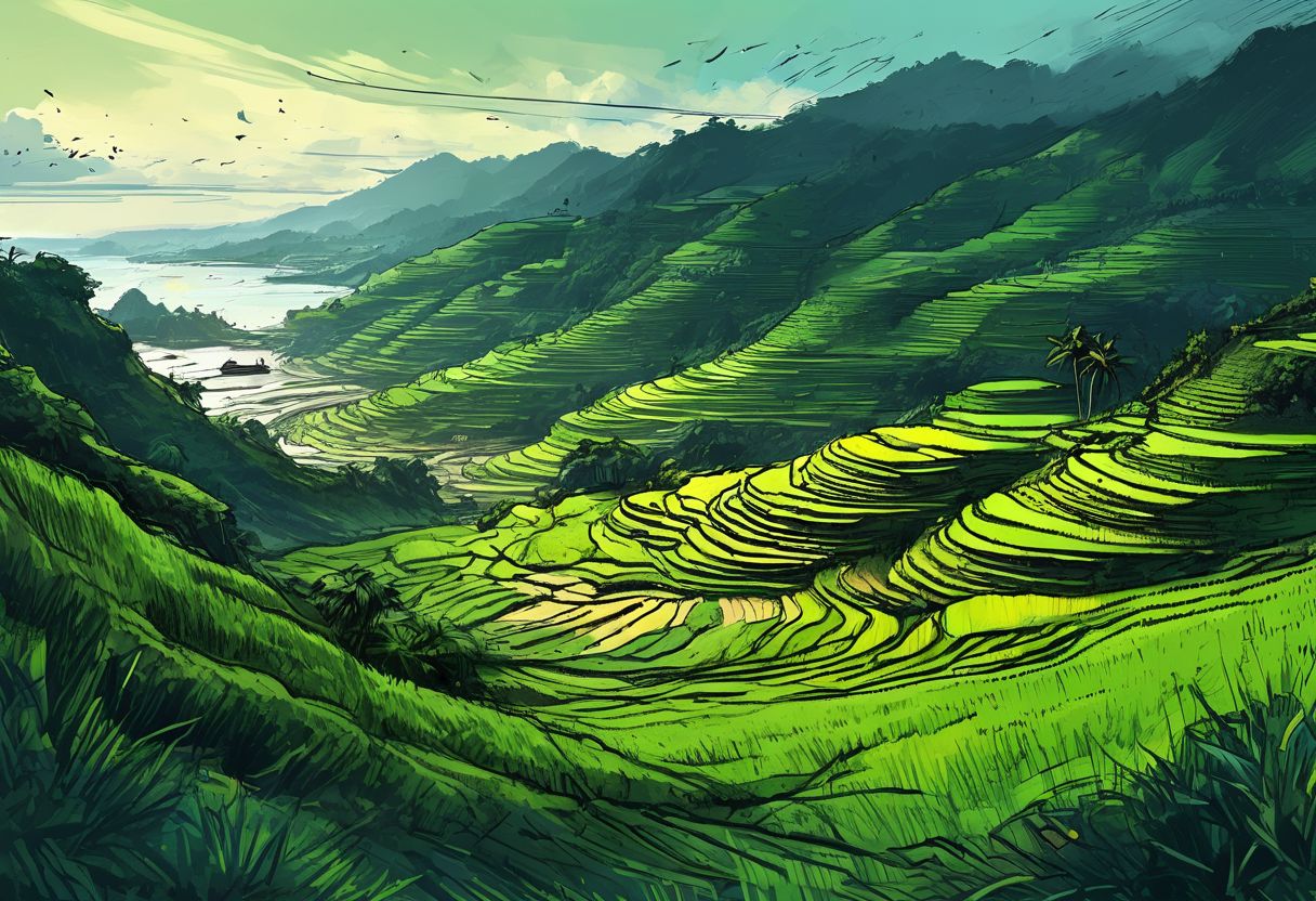 island landscape concept art, ((Philippines rice terraces)), coast, ((ocean)), ((battlefield, war, explosions, concrete bunkers)), green and blue tones, black tones, dark tones, scifi features, deep shadows, ((graphic novel sketch, black sketch lines, low-key cinematic lighting, thick ink outlines, digital oil painting, posterized, cel shading, vector illustration, tenebrism, bold brush strokes, subtle colors))
