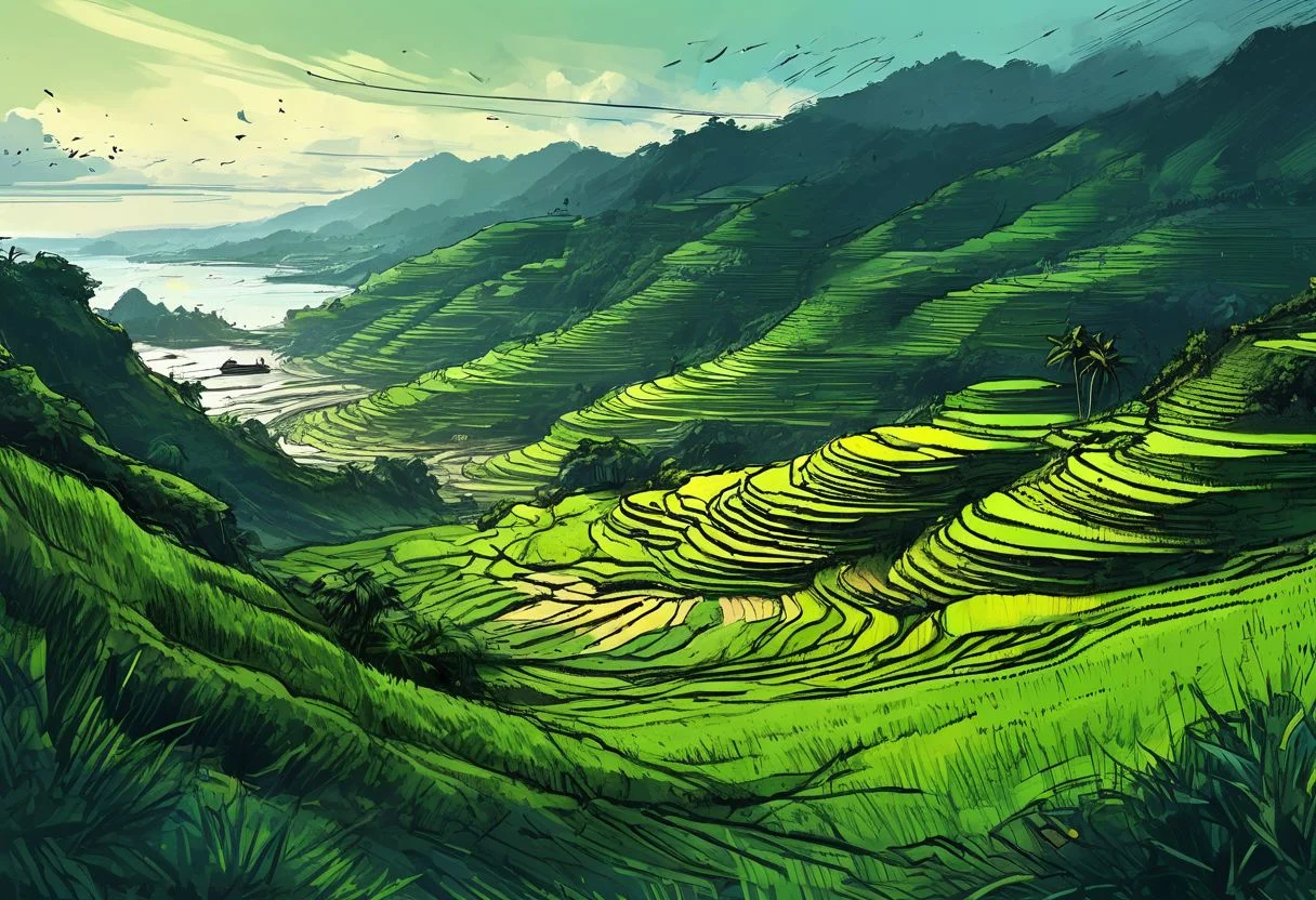 island landscape concept art, ((Philippines rice terraces)), coast, ((ocean)), ((battlefield, war, explosions, concrete bunkers)), green and blue tones, black tones, dark tones, scifi features, deep shadows, ((graphic novel sketch, black sketch lines, low-key cinematic lighting, thick ink outlines, digital oil painting, posterized, cel shading, vector illustration, tenebrism, bold brush strokes, subtle colors))