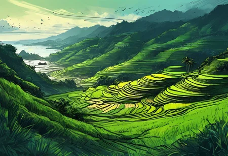 island landscape concept art, ((Philippines rice terraces)), coast, ((ocean)), ((battlefield, war, explosions, concrete bunkers)), green and blue tones, black tones, dark tones, scifi features, deep shadows, ((graphic novel sketch, black sketch lines, low-key cinematic lighting, thick ink outlines, digital oil painting, posterized, cel shading, vector illustration, tenebrism, bold brush strokes, subtle colors))