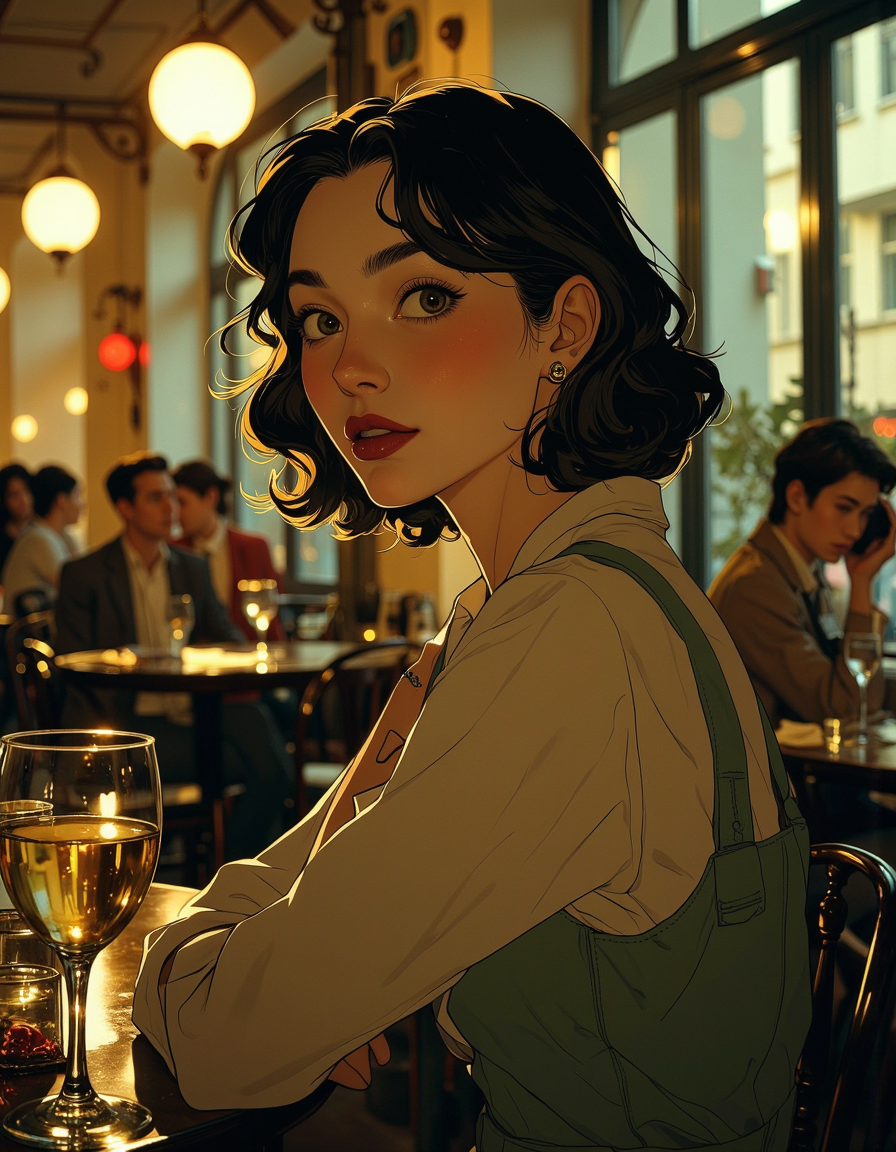 Anime art. 
A woman sitting at a table with a glass of wine in front of her. She has a human face and is surrounded by a group of people sitting on chairs and tables. The background of the image is illuminated by lights and a wall.