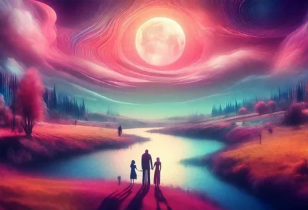 Man woman landscape. full moon colours ,Outcast ,, 8k , tilt shift, surreal lowbrow art style,