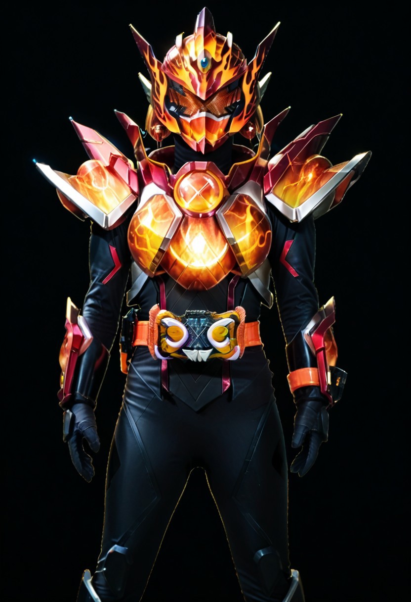 score_9, score_8, score_7, 1girl, alchemis, solo, armor, tokusatsu, bodysuit, helmet, rider belt, (x, gotchard fire, super form, final form)