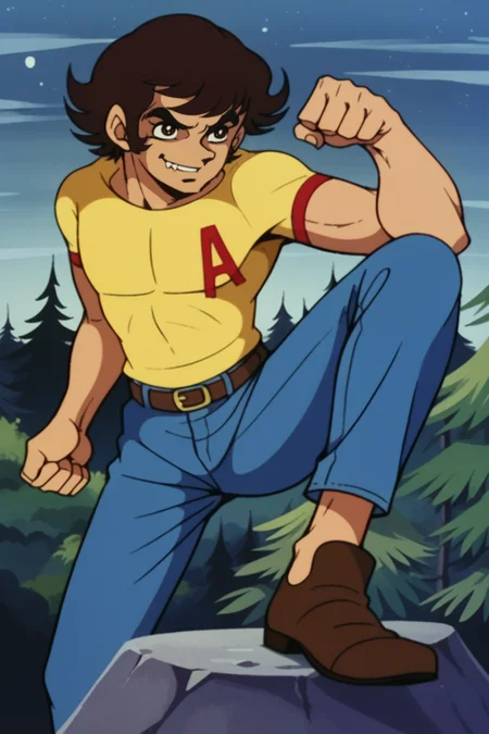 score_9, score_8_up, score_7_up BREAK, retro artstyle, fudo, 1boy, solo, brown hair, brown eyes, short hair, yellow t-shirt, fang, a, blue jeans, night, forest, brown belt, smirk,foot up, rock, brown shoes, looking afar,cliff,clenched hands,  <lora:FudoMikiPony:1>