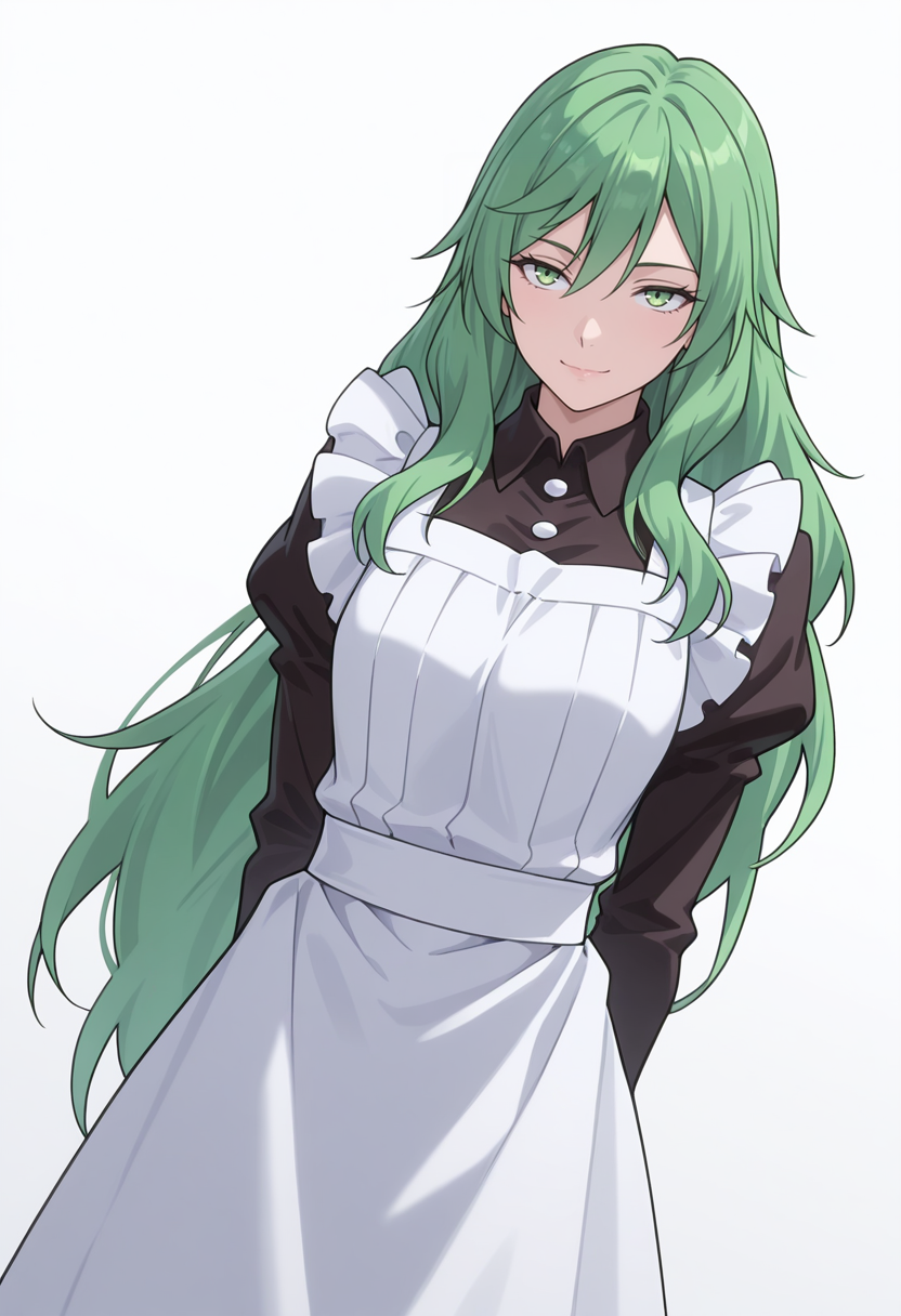 Smooth Quality,masterpiece,very intricate, high quality details, ultra realistic, high detailed skin,detailed enviorement,absurdres,
simple background, white background, 
dutch angle,standing, arms behind back, looking up, calm expression, relaxed posture,  ,seductive smile,
 <lora:Misery_cnn:0.8> 1girl, green hair, green eyes, hair between eyes, frown, very long hair, sidelocks,dress, shirt,maid apron, puffy sleeves, long sleeves, juliet sleeves, enmaided,