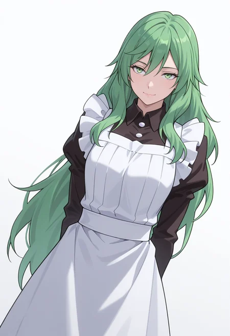 Smooth Quality,masterpiece,very intricate, high quality details, ultra realistic, high detailed skin,detailed enviorement,absurdres,
simple background, white background,
dutch angle,standing, arms behind back, looking up, calm expression, relaxed posture, ,seductive smile,
<lora:Misery_cnn:0.8> 1girl, green hair, green eyes, hair between eyes, frown, very long hair, sidelocks,dress, shirt,maid apron, puffy sleeves, long sleeves, juliet sleeves, enmaided,