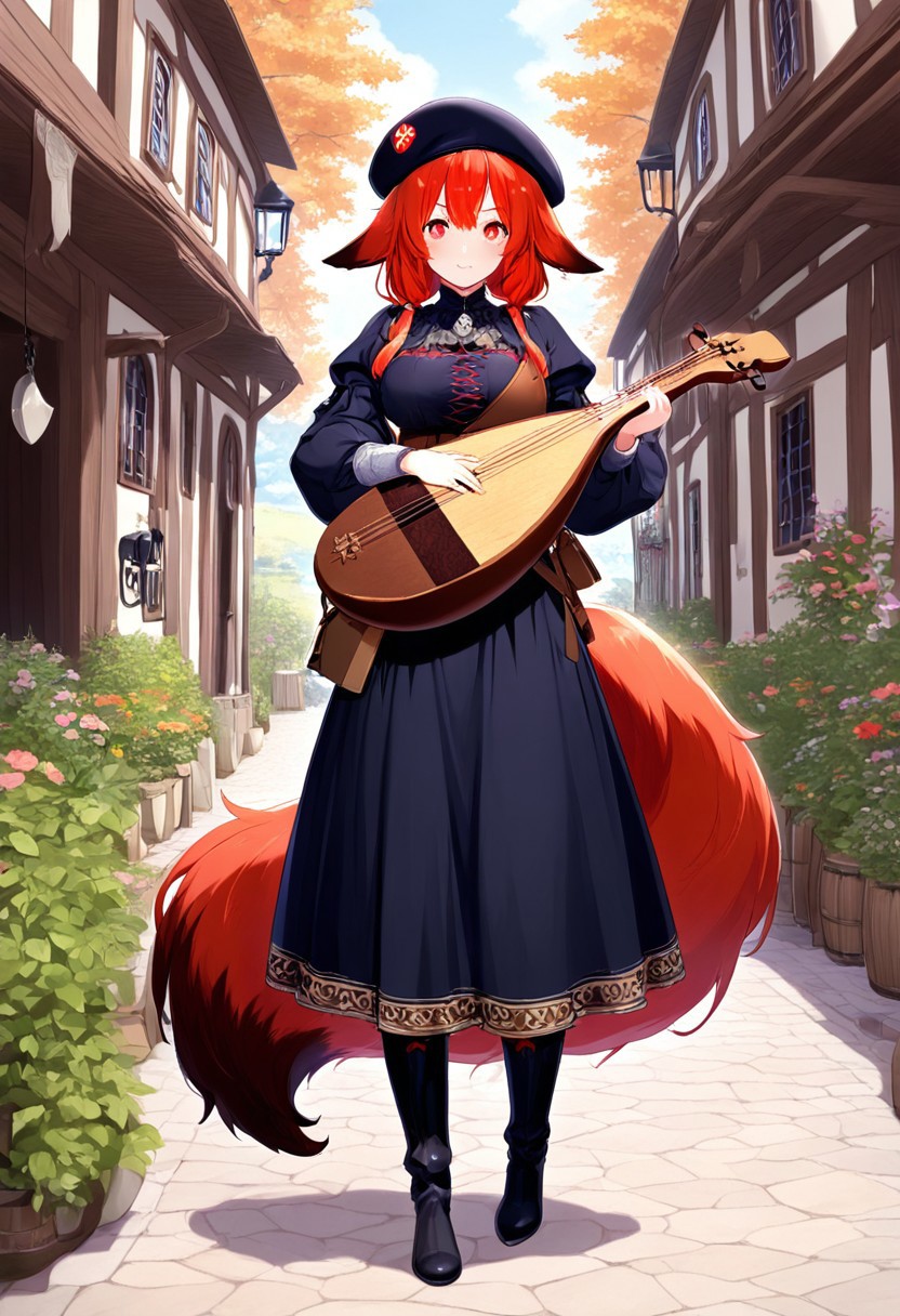 masterpiece, high quality, best quality, highres, 1girl, Kannachan, (Pink glowing eyes:0.5), red and black tail, medieval, bard, lute, beret, bard's clothing, fox tail, playing the lute