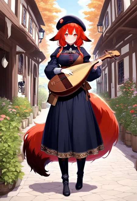 masterpiece, high quality, best quality, highres, 1girl, Kannachan, (Pink glowing eyes:0.5), red and black tail, medieval, bard, lute, beret, bard's clothing, fox tail, playing the lute