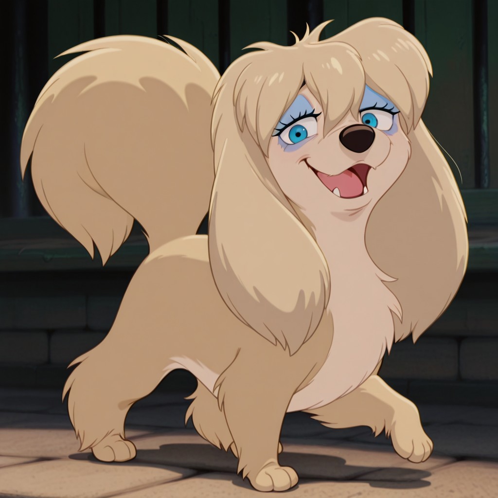 peg, female, dog, disney, blonde fur, long ears, light blonde belly, blue eyes, blue eyeshadow, bangs, hair tuft, BREAK score_9, score_8, score_7, no humans, (((full body))), standing, solo, female, feral, hight definition, hyper detailed, best quality, amazing quality, 1girl, cute, cute smile, cute pose, 8k, masterpiece, looking at viewer BREAK dancing, quadruped, happy, friendly, adorable, expressive eyes, sweet, smiling, sassy, open mouth, half-open eyes, outside, smug, flirty, playful