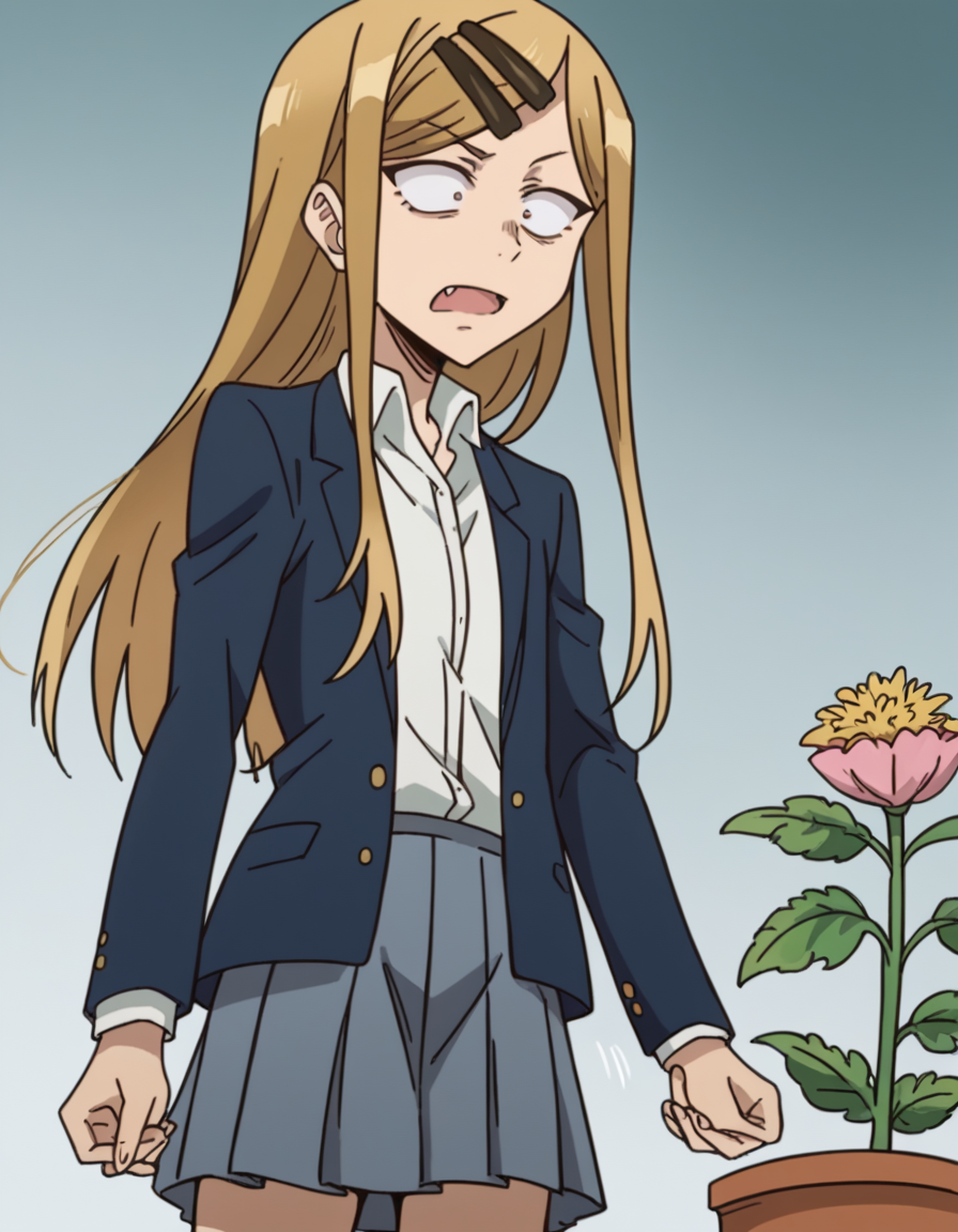 score_9, score_8_up, score_7_up, source_anime, <lora:saya-endou-s2-ponyxl-lora-nochekaiser:1>, saya endou, long hair, blonde hair, hair ornament, brown eyes, hairclip, fang, wide-eyed, constricted pupils, sanpaku,, skirt, shirt, hair ornament, school uniform, jacket, pleated skirt, socks, blazer,, gardening, watering plants, backyard, flowers blooming, sunny day,, , , hand shaking hands, solo,, cowboy shot, dutch angle
