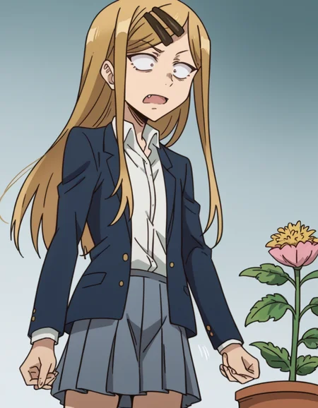 score_9, score_8_up, score_7_up, source_anime, <lora:saya-endou-s2-ponyxl-lora-nochekaiser:1>, saya endou, long hair, blonde hair, hair ornament, brown eyes, hairclip, fang, wide-eyed, constricted pupils, sanpaku,, skirt, shirt, hair ornament, school uniform, jacket, pleated skirt, socks, blazer,, gardening, watering plants, backyard, flowers blooming, sunny day,, , , hand shaking hands, solo,, cowboy shot, dutch angle