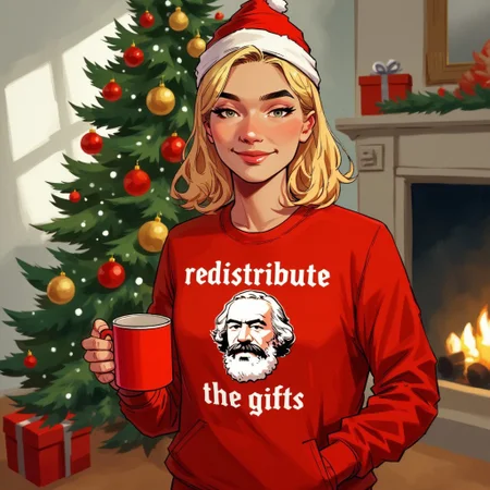 The illustration shows a young woman standing in front of a Christmas tree. She is wearing a red sweatshirt with the words "redistribute the gifts" written in white soviet font and a white stencil portrait of Karl Marx on the front. She has blonde hair and is holding a red mug. The woman is also wearing a red santa hat and is smiling. The Christmas tree is decorated with red and gold ornaments and lights. The background is blurred, but it appears to be a living room with a white wall and a fireplace. the lighting is cinematic.