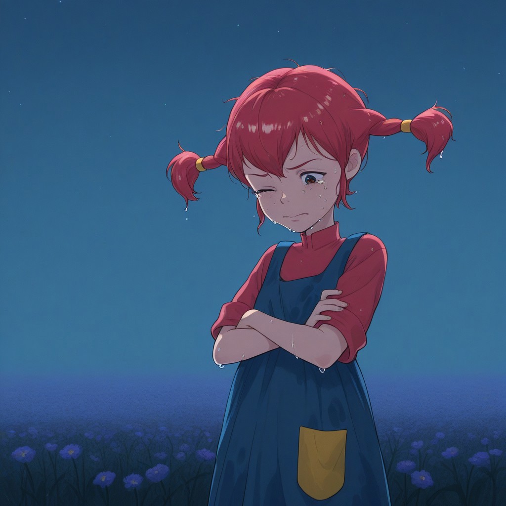 Pippi, 1girl, redhead, high pigtails with rubber bands, freckled face, short blue dress, yellow pocket on the dress, red t-shirt
Pippi, half-length, arms crossed, with a sad and tired expression, one eye closed, crying. Her hair is wet and disheveled, her head tilted, her head looking down at the ground. In the background, a field of flowers at night on a rainy day, illuminated by the moon and more stars. Sky-blue neon lights.