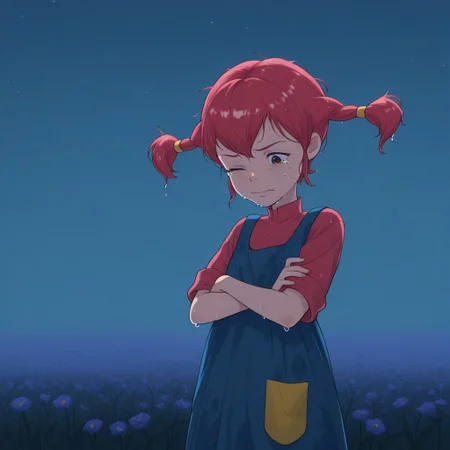 Pippi, 1girl, redhead, high pigtails with rubber bands, freckled face, short blue dress, yellow pocket on the dress, red t-shirt
Pippi, half-length, arms crossed, with a sad and tired expression, one eye closed, crying. Her hair is wet and disheveled, her head tilted, her head looking down at the ground. In the background, a field of flowers at night on a rainy day, illuminated by the moon and more stars. Sky-blue neon lights.