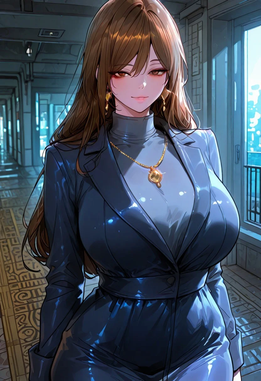 (EyesHD:1.2), masterpiece, best quality, ultra-detailed, very aesthetic, sharp focus, depth of field, vibrant colors, ray tracing, best lighting, detailed illustration, detailed background, cinematic, beautiful face, beautiful eyes, ((sharpness)), high contrast, 1 woman, sexy, seductive, busty, voluptuous, gorgeous, curvy, mature, milf, (( <lora:ha-ri's_mom:1> , ha-ri's_mom , piercing brown eyes, clear eyes, bright pupils, beautiful eyes, beautiful brown hair, beautiful long hair, bangs, huge and shaggy breasts, thin waist, wide hips, beautiful skin, natural beauty, extraordinary beautiful woman, attractive woman, super sexy woman, lustful body, sexy woman with seductive obscene body, sensual body, voluptuous body, sexy beauty, )), ((formal, blue coat, high collar grey top, long blue skirt, gold necklace with pendant, gold earrings, ))