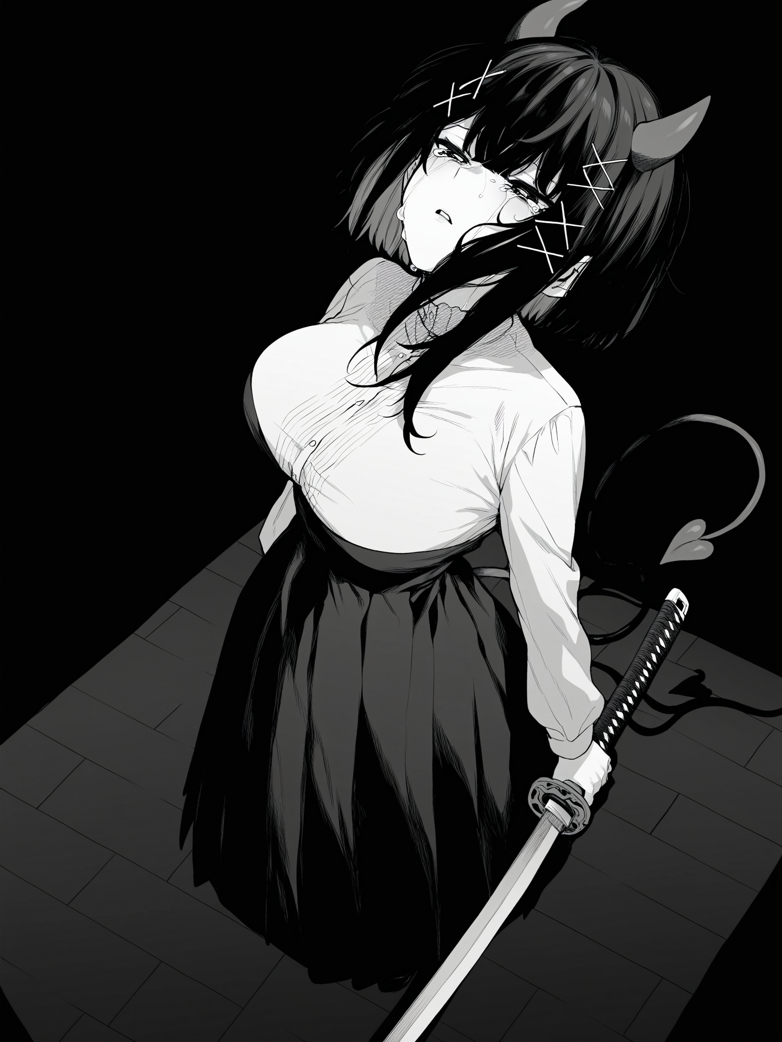 highres,hi res,best quality,masterpiece,intricate details,absurdres,4k,anime screencap,anime coloring,<lora:jiunssyuV1:1>,
jiunssyu,greyscale,monochrome,1girl,tail,demon tail,large breasts,demon horns,demon girl,hair ornament,x hair ornament,black hair,
crying,floor,indoors,simple background,crying with eyes open,tears,red sword,katana,holding sword,scabbard,full body,wide shot,(black background:1.5),from above,looking down,half-closed eyes,parted lips,head back,