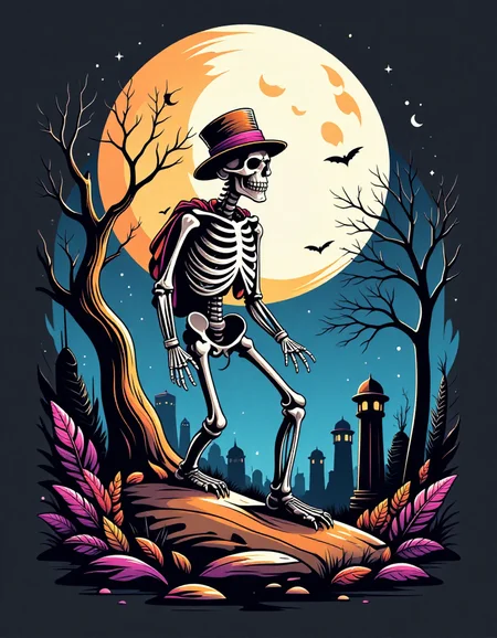 tshirt design, skeleton, graveyardwith a full moon in the style of 5h1rt