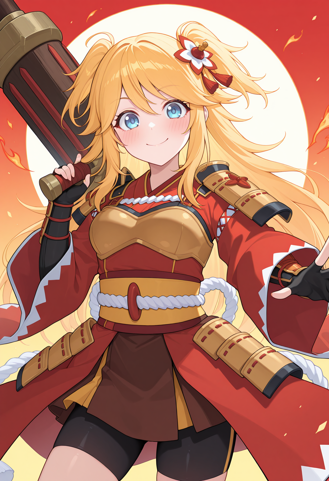 fire, huge weapon, kuji-in, smile, blush, looking at viewer, pcrninon, blonde hair, long hair, medium breasts, pnindef, two side up, blue eyes, hair ornament, hair flower, red kimono, wide sleeves, shimenawa, yellow sash, obi, breastplate, shoulder armor, kusazuri, japanese armor, brown skirt, bike shorts, black gloves, fingerless gloves, <lora:_ninon_pcr-elesico-ilxlA:1> highres, best quality, masterpiece,
1girl, solo,