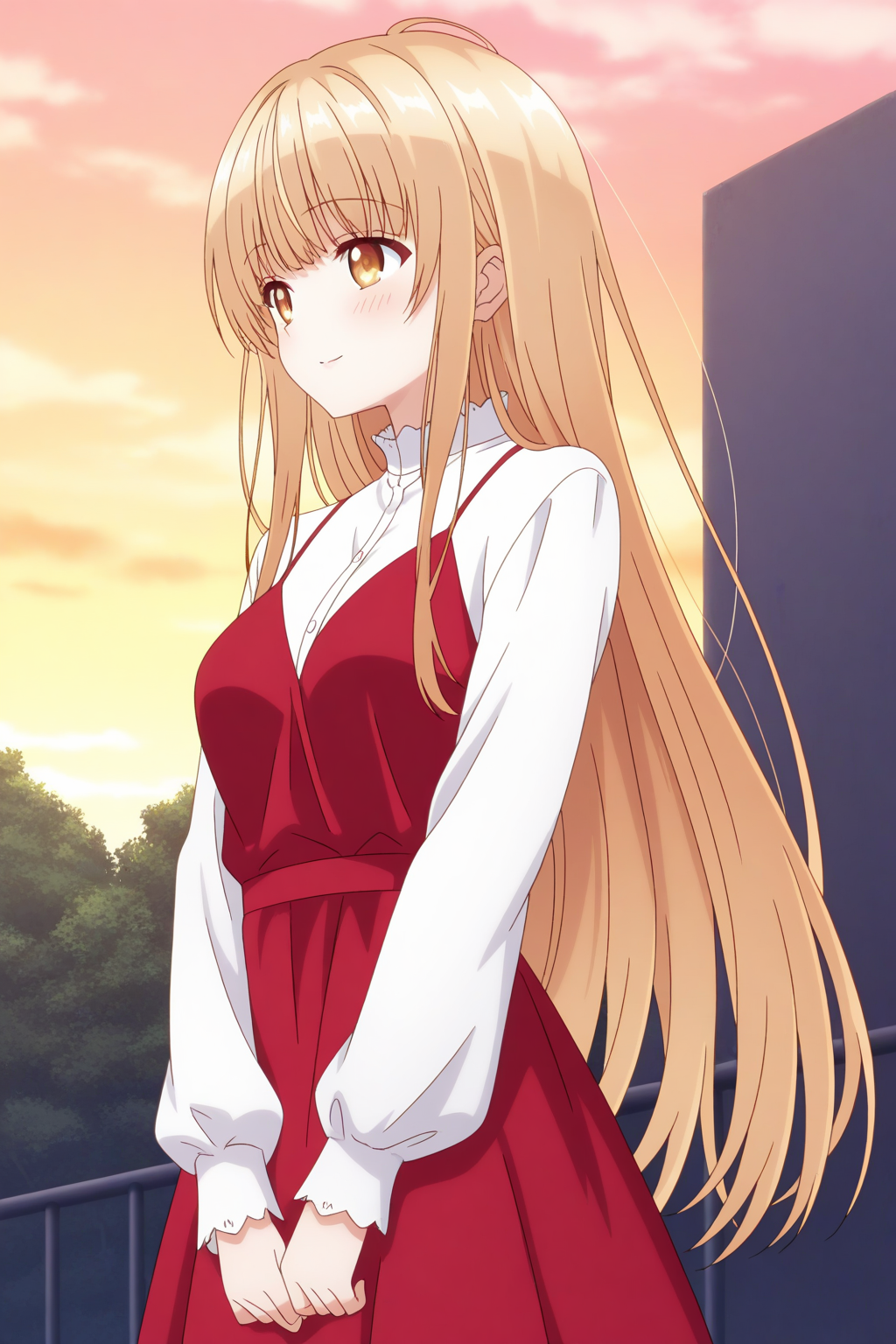 (red dress white shirt long sleeves:1.50), 
an-mahiru, yellow eyes, blonde hair, sidelocks, 
medium breasts, 1girl, solo, skinny,
(masterpiece, best quality, absurdres, high quality, highres, anime, anime style), 
BREAK,
(happy:1.40),
BREAK,
(sunset outdoors:0.90),
BREAK,
(:1.40),
BREAK,
(:1.40),
(long hair:1.20)
<lora:an-mahiru-V01-illXL-000002:0.90>