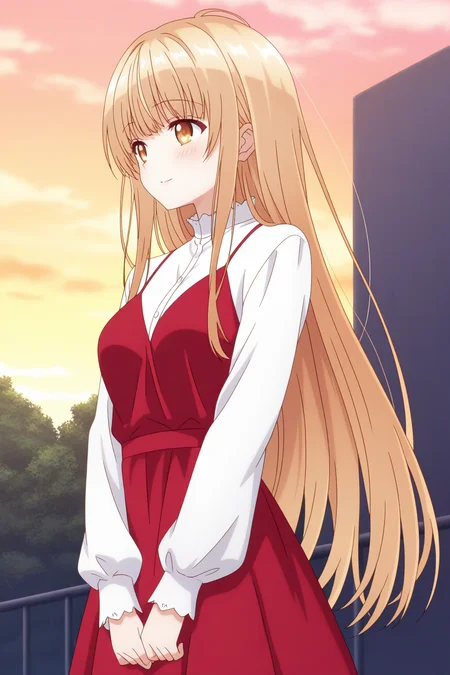 (red dress white shirt long sleeves:1.50),
an-mahiru, yellow eyes, blonde hair, sidelocks,
medium breasts, 1girl, solo, skinny,
(masterpiece, best quality, absurdres, high quality, highres, anime, anime style),
BREAK,
(happy:1.40),
BREAK,
(sunset outdoors:0.90),
BREAK,
(:1.40),
BREAK,
(:1.40),
(long hair:1.20)
<lora:an-mahiru-V01-illXL-000002:0.90>