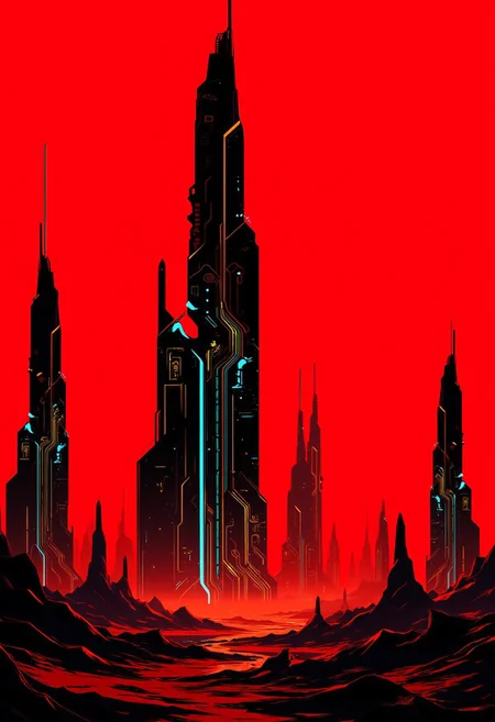 Inkpunk Anime, inksketch in red and black of towering, enigmatic structures rising from a barren, arid landscape. Each tower is adorned with intricate, glowing lines of orange and blue lights, hinting at the advanced technology within. In the distance, other towering monoliths are visible, creating a sense of endlessness. The lighting, casting long, dramatic shadows. The camera is set at ground level, looking up at the overwhelming scale of the station, emphasizing its imposing and mysterious nature, silhouetted against a red sky.