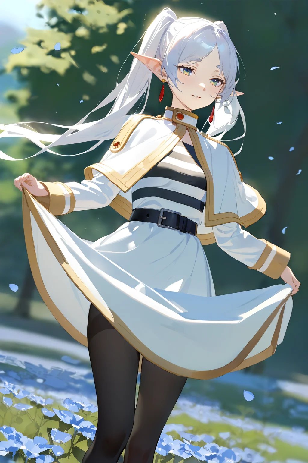 masterpiece, best quality, very aesthetic, ray tracing, newest, (hitenkei, askzy:0.4),1girl, frieren, solo, twintails, earrings, black pantyhose, black belt, capelet, white skirt set, striped shirt, white jacket, cowboy shot, (curtsey, skirt hold), floating hair, petals, flower field, scenery, outdoors, depth of field, ecstasy, gasping, light smile <lora:quality1:0:hr=2>, <lora:Char-Frieren-XL-V1:0.9>