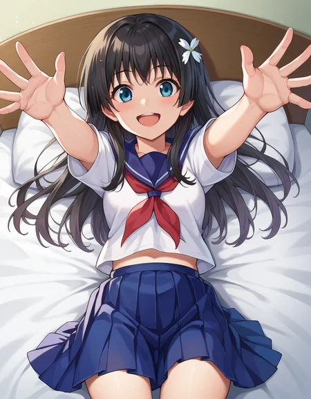 score_9, score_8_up, score_7_up, source_anime,
satenruiko, <lora:saten-ruiko-ponyxl-lora-nochekaiser:1>,
saten ruiko, black hair, blue eyes, long hair, hair ornament, flower ornament, smile,
blue skirt, pleated skirt, sakugawa school uniform, school uniform, serafuku, skirt, summer uniform,
indoors, bed, bed room, on back, arm support, arms up, incoming hug, pov, reaching, reaching towards viewer,
looking at viewer, cowboy shot, dutch angle,