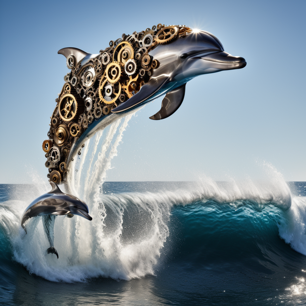 embedding:lazypos, A dolphin made of roast gears leaping from a wave of liquid chrome, arcs of steam trailing behind it, High-Resolution reflections <lora:gearstyle-000001:1.0000000000000002> <lora:TrendCraft_The_Peoples_Style_Detailer-v1.0A-3_13_2025-illustrious:0.8000000000000002>