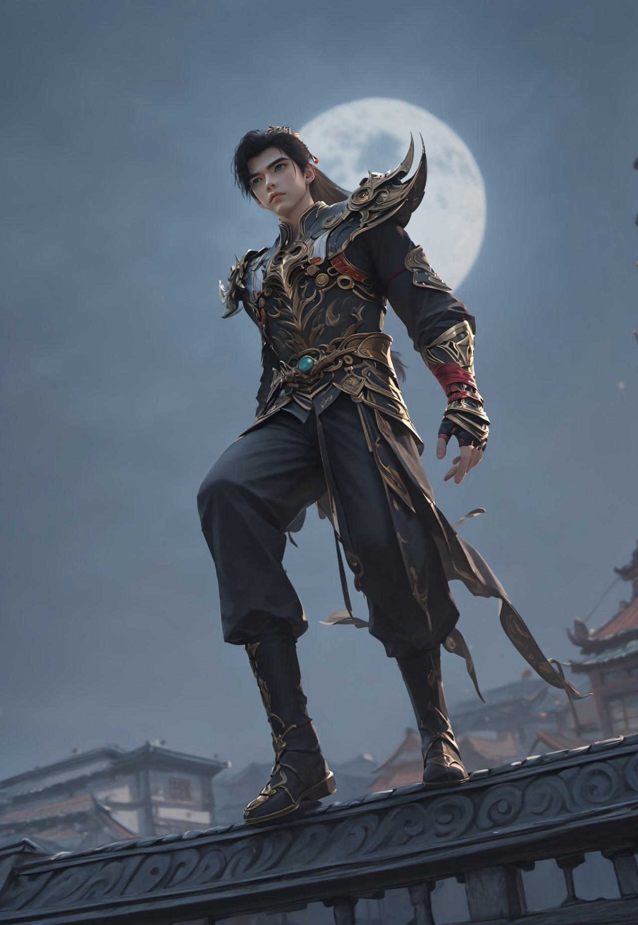 (super detailed realistic adult clean face), expressiveH, full shot, focus on face, sitting on the roof in old chinese town, score_9, score_8_up, score_7_up, shihao, 1boy, solo, emperor_armor, black hair, blue eyes, ponytail, slim toned male, black pants, black boots, outdoor. create a stunning plot image of an fantasy adult hero in depressed and thoughtful pose, designed in an ultra-detailed, realistic art style. The hero is dressed in black shirt and black pants and black boots, a red satin ribbon is wound around the wrist of the left hand, hero set on roof and look of a shadow ancient chinese city under a full moon and wind is stirring his hair, with mist rolling through the streets below. The image should capture the essence of thoughtful, beauty, and depression, with dramatic lighting that accentuates the character's features and presence.