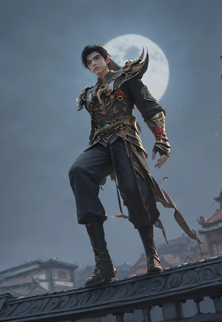 (super detailed realistic adult clean face), expressiveH, full shot, focus on face, sitting on the roof in old chinese town, score_9, score_8_up, score_7_up, shihao, 1boy, solo, emperor_armor, black hair, blue eyes, ponytail, slim toned male, black pants, black boots, outdoor. create a stunning plot image of an fantasy adult hero in depressed and thoughtful pose, designed in an ultra-detailed, realistic art style. The hero is dressed in black shirt and black pants and black boots, a red satin ribbon is wound around the wrist of the left hand, hero set on roof and look of a shadow ancient chinese city under a full moon and wind is stirring his hair, with mist rolling through the streets below. The image should capture the essence of thoughtful, beauty, and depression, with dramatic lighting that accentuates the character's features and presence.