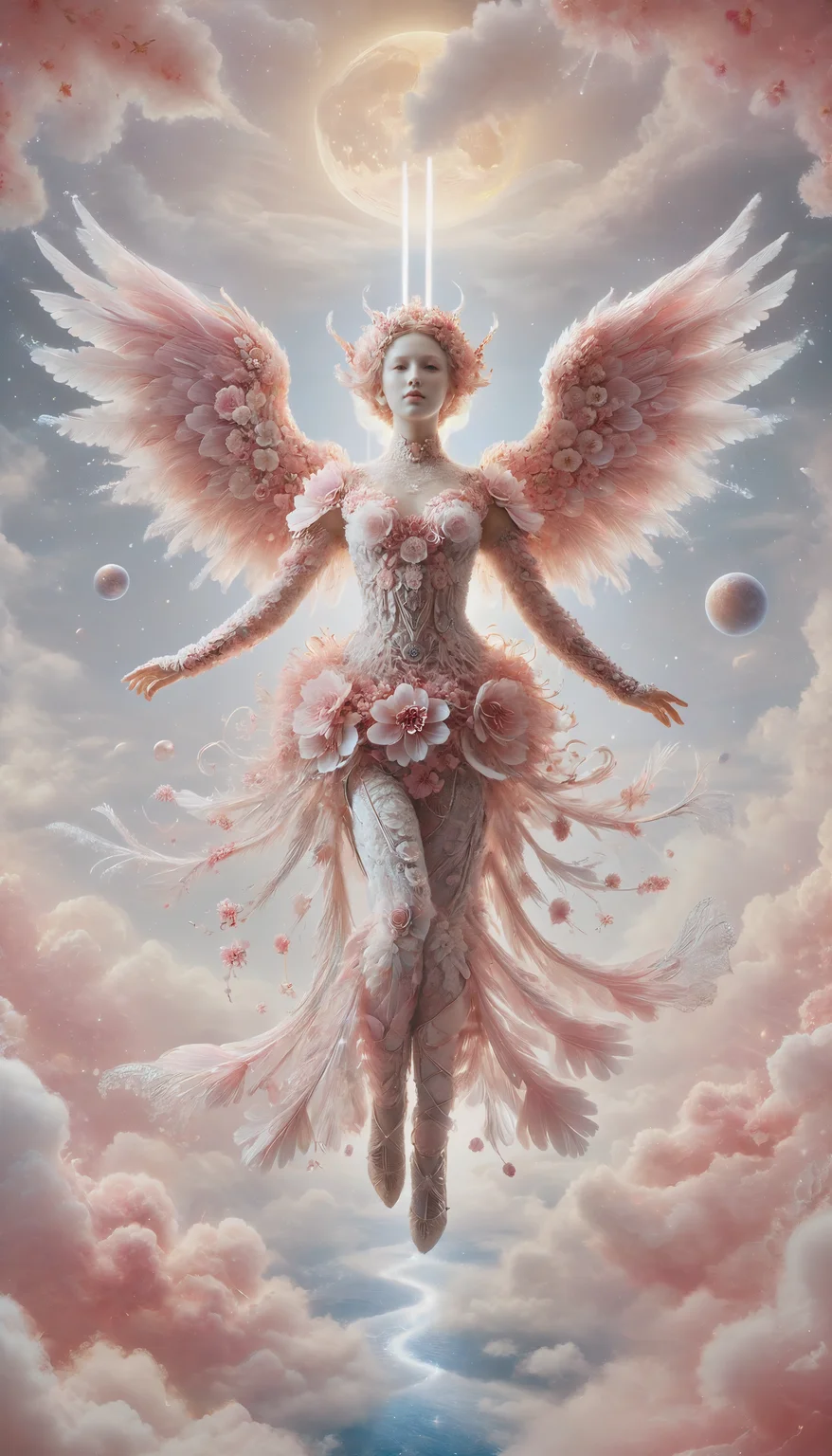 highly detailed, realistic, fine fabric detail, absurdres, highly-detailed, best quality, masterpiece, very aesthetic, a wide-frame full-body shot of a futuristic celestial angel made of sakura floating above the clouds
