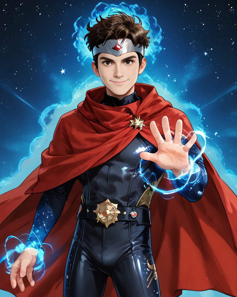 <lora:Wiccan:0.5>,
1boy(billy_maximoff, red cloak, forehead protector, starry bodysuit, cowboy shot, slight smile, looking at the viewer), blue aura, glow light on his hands, galaxy pattern,
<lora:Expressive_H:1> expressiveh, male, solo,
Masterpiece, Best Quality, high quality cg, 1boy, male focus, solo, manly, dynamic pose, adult, grown up, ((male))
thunder background, dynamic pose,
 <lora:add_detail:1> <lora:Cute_Cartoon_ArtStyle:1>