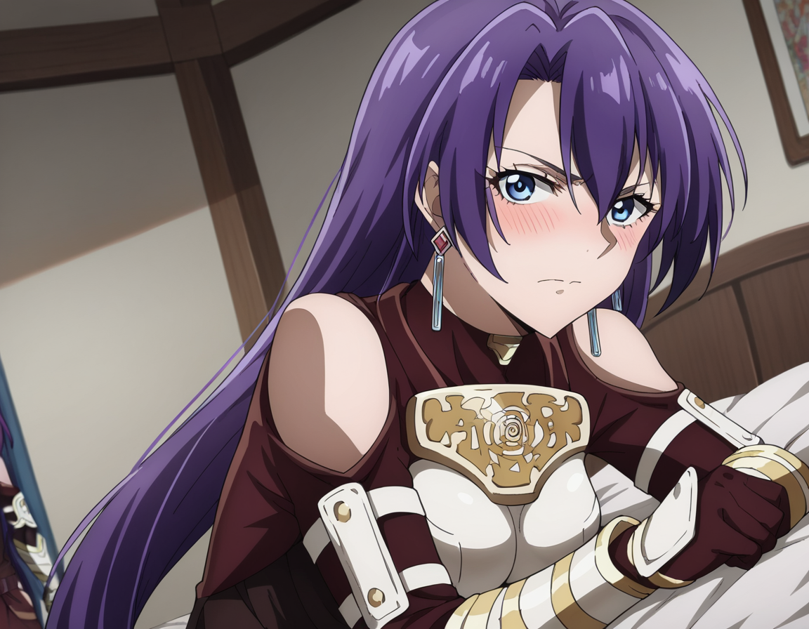 score_9, score_8_up, score_7_up, source_anime,
arthurpencilgon, <lora:arthur-pencilgon-ponyxl-lora-nochekaiser:1>,
arthur pencilgon, long hair, blue eyes, hair between eyes, very long hair, purple hair,
gloves, belt, armor, clothing cutout, breastplate, bare shoulders, earrings,
indoors, bed, bed room, on side, blush, drunk,
looking at viewer, dutch angle, cowboy shot,