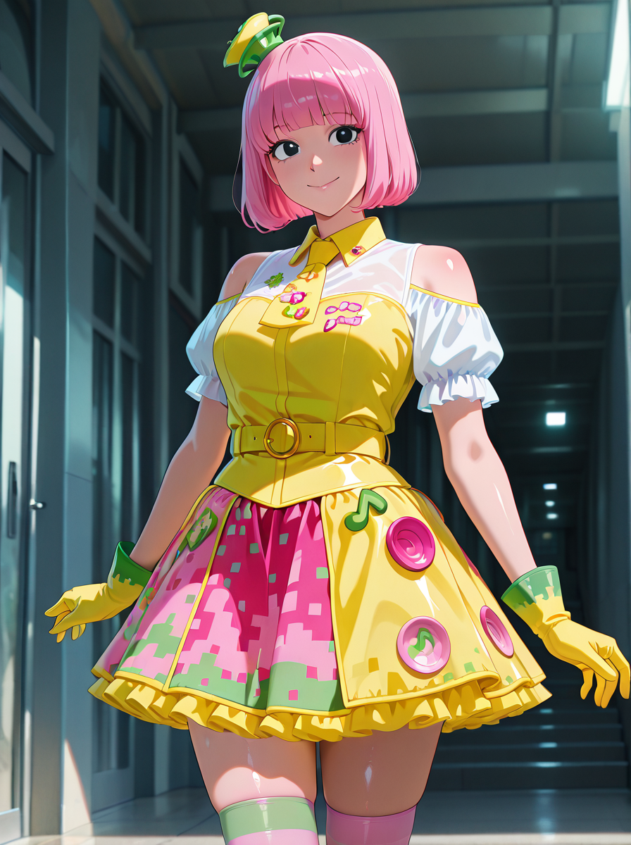 masterpiece, best quality, amazing quality, very aesthetic, absurdres, newest,shiny skin anime screenshot,  anime coloring,     <lora:PoppyIllust:1>1girl, solo, poppyillust, pink_hair, , gloves, smile, thighhighs skirt, minihat, black_eyes  smile,