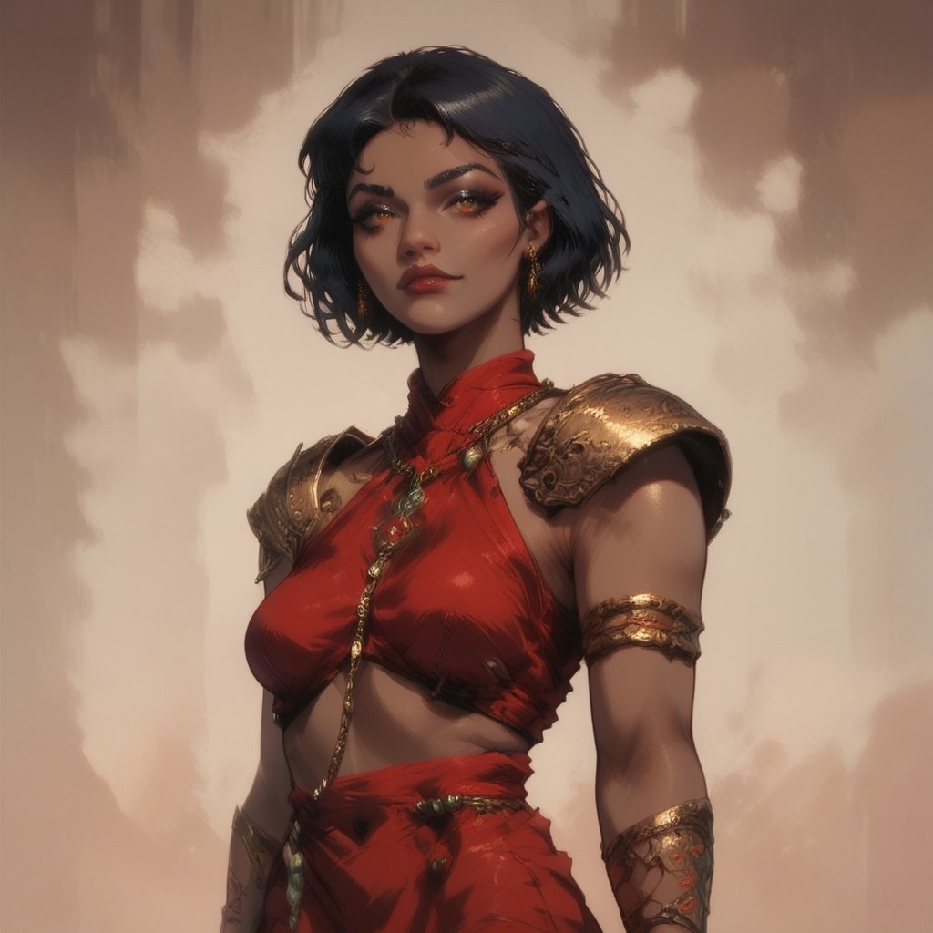 female focus, score_9, score_8_up, score_7_up, 
portrait, 1girl, PoE2Sorcceres, PoE2Sorcceresbaseoutfit, 1girl, jewelry, shoulder armor, female focus, dark-skinned female, short hair, black hair, anklet, red skirt, skirt, armor, 