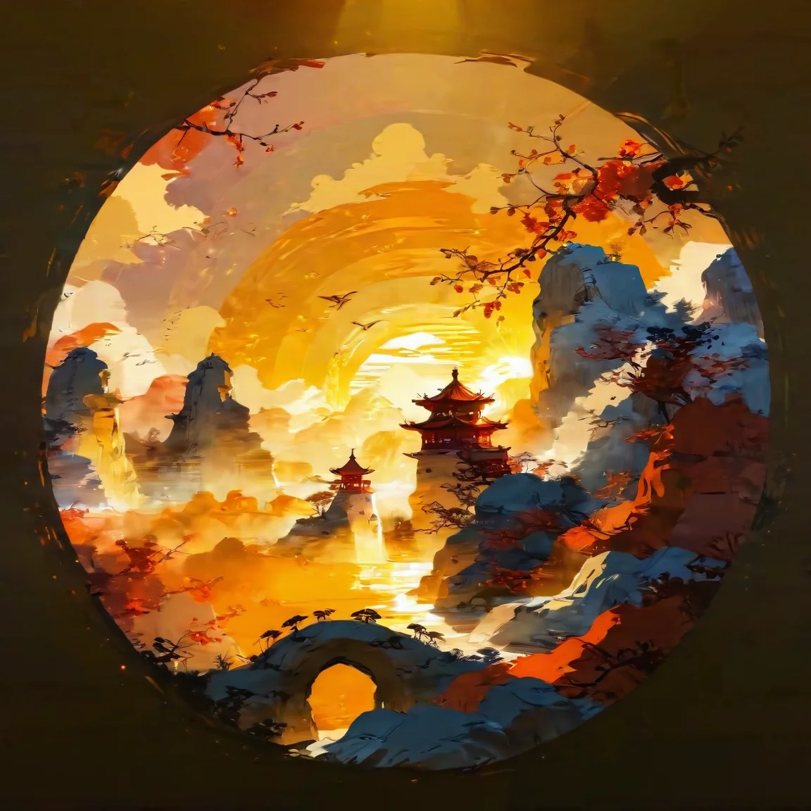 SoraSleepAI, <lora:sdxl_lightning_8step_lora:1>, masterpiece, <lora:lora:1.0> Circle, Chinese style, landscape, photolab, Sun in the sky