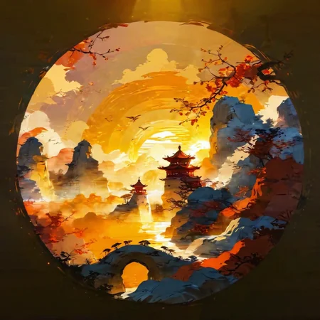 SoraSleepAI, <lora:sdxl_lightning_8step_lora:1>, masterpiece, <lora:lora:1.0> Circle, Chinese style, landscape, photolab, Sun in the sky