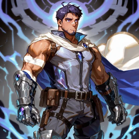 <lora:Blitz__Alchemist_Code-000003:.75>, tagatameblitz, 1boy, short hair, ahoge, indigo hair, indigo eyes, bandaid on nose, solo, male focus, manly, bara, mature male, muscle body, sleeveless shirt, cape, belt, gauntlets, bandage on arms, pants, boots, pouch, armor
cowboy shot, 
(very short hair, beard, bara, mature, facial hair, stubble, beard, full beard, sideburn, beard, a lot of beard, ), facial hair,male focus, muscular male, muscular male, bara, mature,  bara, mature, aixiwuganda_(20222192), very awa, masterpiece, best quality, absurdres, newest, perfect quality, detailed background, intricate details,
<lora:slider_Body Type_alpha1.0_rank4_noxattn_last:3><lora:Anime Summer Days 2 Style SDXL_LoRA_Pony Diffusion V6 XL:.6><lora:slider_cfg_scale_boost:.7><lora:Artist6p:.55>, Artist6p, Artist04p,<lora:slider_il_brightness_slider_d1:-1><lora:slider_il_contrast_slider_d1:-1><lora:slider_DarkSlider1.2_alpha1.0_rank16_full_300steps:-.6>