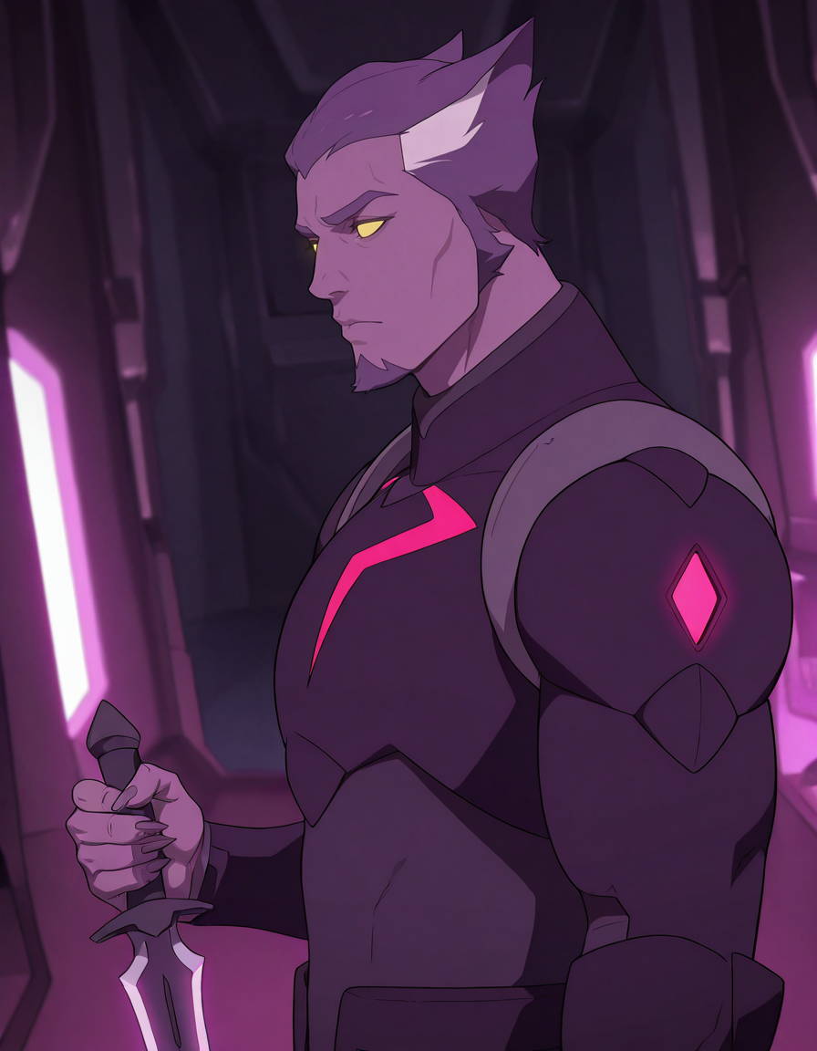 masterpiece, best quality, newest, detailed background, intricate details, male focus, realistic, solo, <lora:VLD - Thace - Illustrious-000007:0.8>,  vld_thace, 1boy, very short hair, multicolored hair, purple body fur, yellow eyes, glowing eyes, solid eyes, no pupils, cat ears, goatee, long nails, body suit, breastplate, shoulder armor, arm guards, spacecraft interior, from side, holding dagger