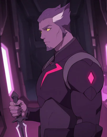 masterpiece, best quality, newest, detailed background, intricate details, male focus, realistic, solo, <lora:VLD - Thace - Illustrious-000007:0.8>,  vld_thace, 1boy, very short hair, multicolored hair, purple body fur, yellow eyes, glowing eyes, solid eyes, no pupils, cat ears, goatee, long nails, body suit, breastplate, shoulder armor, arm guards, spacecraft interior, from side, holding dagger