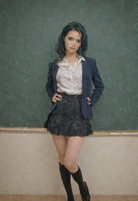 1girl, solo, (Masterpiece, hyperrealism) teacher, realistic skin, (looking at camera, classroom, formal attire, standing pose, wearing buttoned blouse:1.2, wearing dark blue blazer:1.2, wearing frilly skirt above the knee, wearing black stockings, young figure), fit body, ((curled hair, short hair, green hair)), highly detailed background, ultra high resolution, 4k uhd