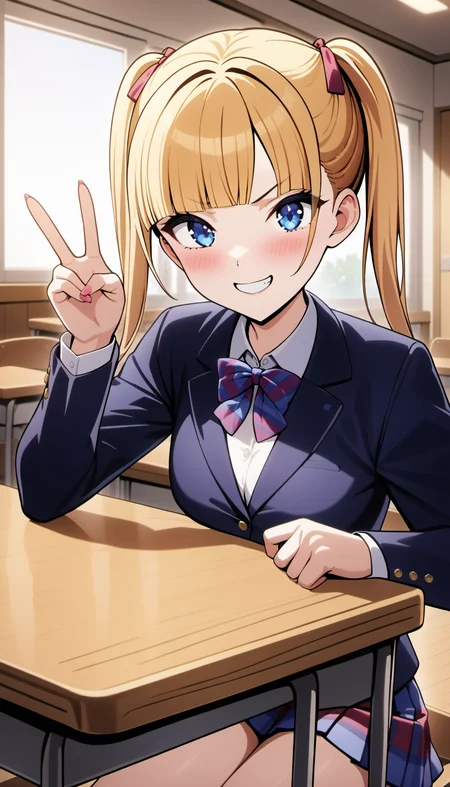 1girl, arisugawa rina, blue eyes, blonde hair, twintails, blunt bangs,
otonokizaka school uniform, dark blue blazer, v,  smile, smug,
classroom, table, sitting,
masterpiece, best quality, very aesthetic, newest, cinematic lighting, highres, absurdres, incredibly absurdres, cinematic lighting  <lora:CulturedDiffusion_Arisugawa_Rina_AniXLV31:0.7>