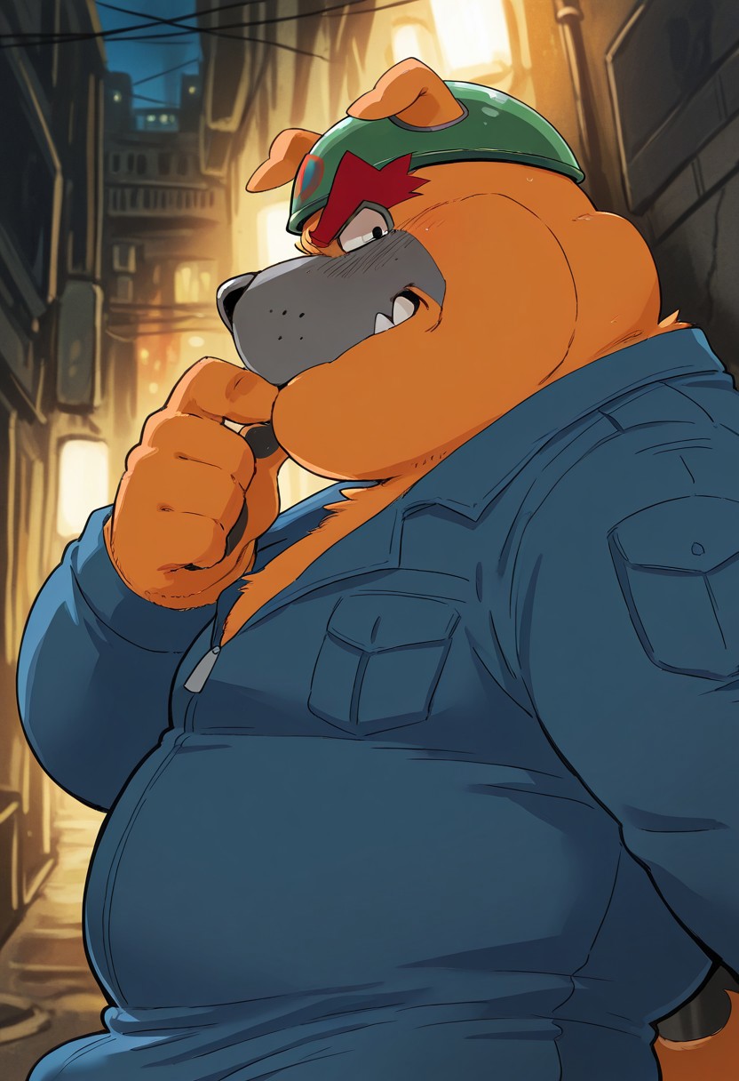 detail background, masterpiece, best quality, high quality, amazing quality, dystopian atmosphere, in alleyway, outside, at night, boring pose, cinematic lighting, by Syd Mead, hand behind head, leaning on back, hand on chin, aggressive expression, hand gesture, BREAK male, solo, anthro dog, chubby, fat, overweight, bulge, looking at viewer, orange body/fur, thick arms, short tail, black eyes, thick red eyebrows, short ears, gray muzzle, black nose, blue jumpsuit, green helmet with red "D", ((close up, upper body)), side view, dutch angle