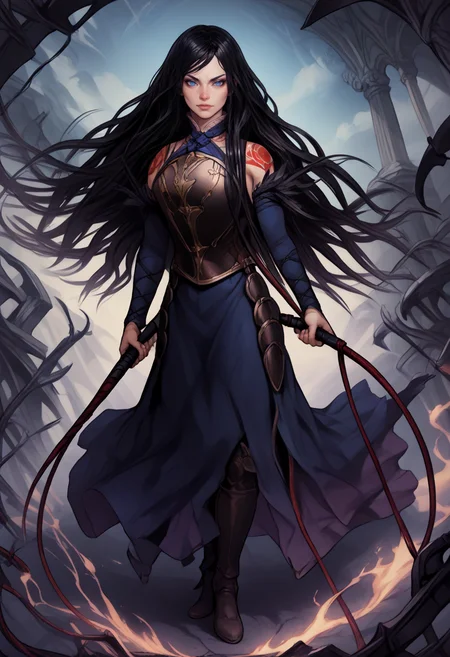 score_9, score_8_up, score_7_up, BREAK, score_9,  <lora:pony_good_hands:1>, <lora:whip:0.5>, <lora:shanoa:1> shanoa, long hair, black hair, blue eyes, tattoo, calm face, calm look, good_hands, whip, holding whip, full body, absurdres,