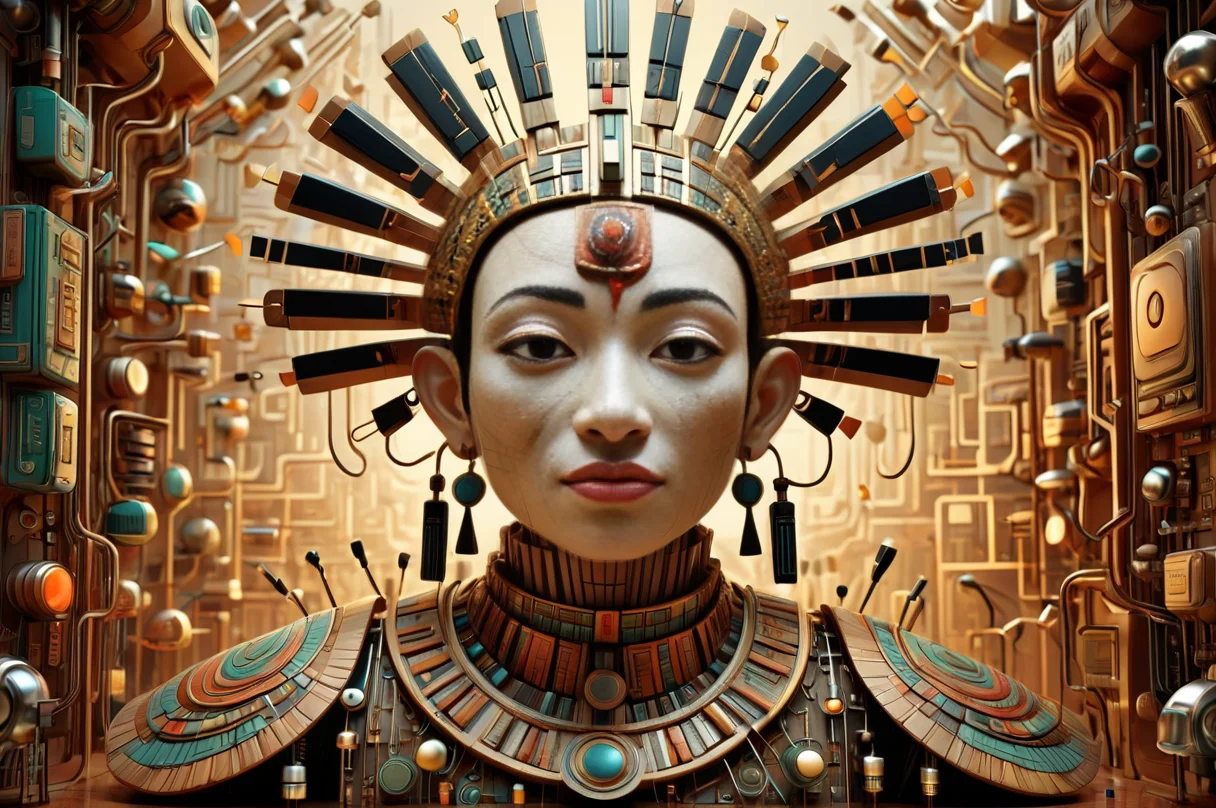 hyper detailed, anthropomorphic, telegenic, minimal, peculiar, by Fabio Hurtado and by Victo Ngai, 3d model, octane render, highly detailed, volumetric, dramatic lighting, made of transistors , executed in the style of Aztec art. <lora:TransistorsXL_LoRA:1>