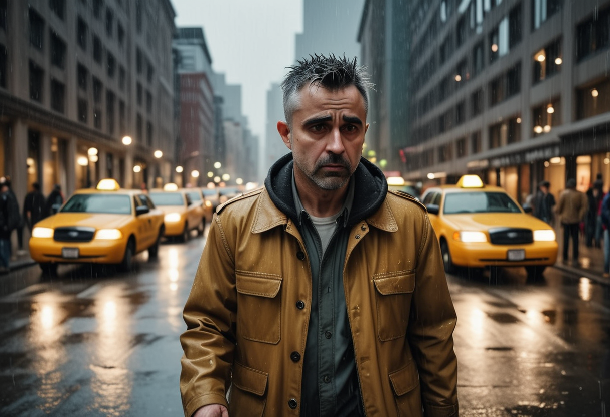 (medium full shot) of (long shot ) of taxi driver walking down the street, detailed face, located in an urban scene at a crowded library during evening with rainy weather, illuminated by building lights, creating a urban chic atmosphere, ,Masterpiece,best quality, raw photo, realistic, very aesthetic