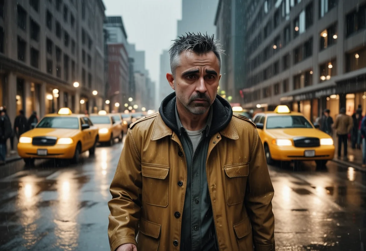 (medium full shot) of (long shot ) of taxi driver walking down the street, detailed face, located in an urban scene at a crowded library during evening with rainy weather, illuminated by building lights, creating a urban chic atmosphere, ,Masterpiece,best quality, raw photo, realistic, very aesthetic
