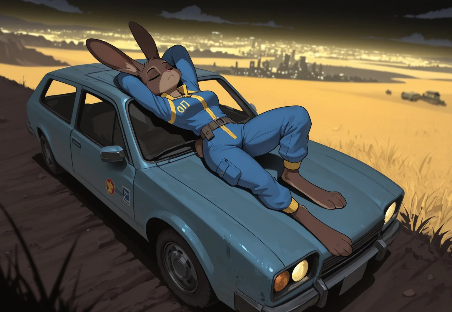 masterpiece, best quality, good quality, very awa, newest, highres, absurdres, highres, very aesthetic, (furry:1.5), fur, fur covered, (no humans:1.3), bycooliestylehigh, DS-Illu, hualidefengge,
BREAK,
1girl, solo, female anthro rabbit, medium breasts, oversize rabbit ears, fluffy brown fur, blue jumpsuit, yellow trim, vault girl clothing, "69" decal, lying on hood of car, on back, hands behind head, resting, head on windshield, dusty windshield, facing viewer, eyes closed, wide shot, coat, paws, digitigrade,
BREAK,
black sky, clouds, at night, landscape, scenery, mojave desert, fallout: new vegas, fallout \(series\), wasteland, city, new vegas, dry grass, plains, desert, roads, moonlight, night, dieselpunk, atompunk, hand over bench, limited palette, high angle view, valley, horizon, (negative space:1.3), high angle view, yellow filter,
BREAK, high contrast lighting, complementary colors, dynamic lighting, harsh light, depth of field, detailed background, evocative composition, dynamic contrasts