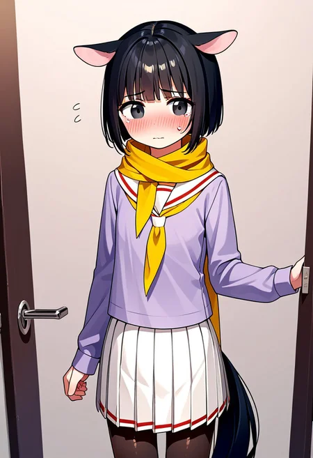 Score_9, score_8_up, score_7_up, score_6_up, score_5_up, score_4_up, alone, 1girl, Manako, short black hair, pony ears, flat chest, long tail, (Black eyes: 1.2)
Skirt, pleated skirt, serafuku, white skirt, long shirt, purple shirt, sailor collar, white sailor collar, long sleeves, scarf, yellow scarf, knee-high socks, pantyhose
Nervous, blushing, looking straight ahead, shy, standing behind a door