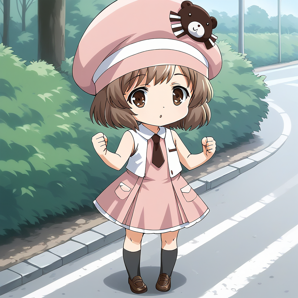 score_9, score_8_up, score_7_up, source_anime, rating_explicit, BREAK  <lora:Amatsuka_Sakura_Ver2.0_XL:1> AmatsukaSakura, brown hair, short hair, brown eyes, bangs, hat, chibi,
1girl, solo, dress, outdoors, sleeveless, socks, shoes, brown footwear, sleeveless dress, necktie, pink dress, kneehighs, black socks, pink headwear, loafers, day, looking at viewer, pleated dress, medium dress, clenched hands, full body, standing, bush, road